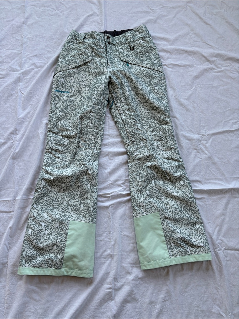 Patagonia Insulated Snowbelle Ski Pants Womens Medium Mint Green, Gray, & White